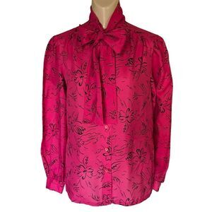 JONQUIL Judy Bond Fuchsia Black Abstract Floral Pattern Bow Tie Blouse